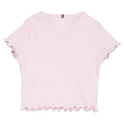 Light Pink - Back - Tommy Hilfiger Girls Essential Embroidered Logo Ribbed Ruffle Crop Top