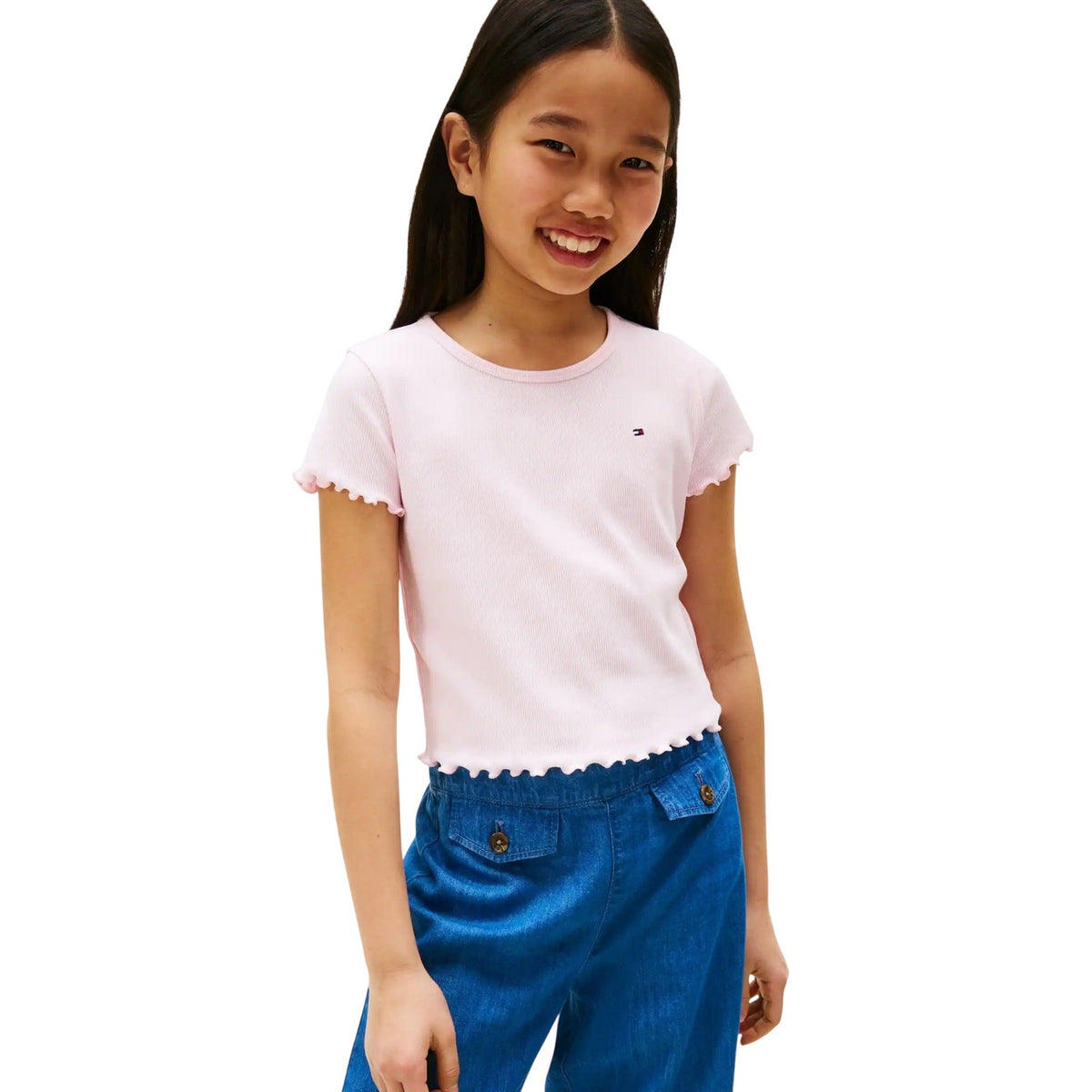 Light Pink - Side - Tommy Hilfiger Girls Essential Embroidered Logo Ribbed Ruffle Crop Top
