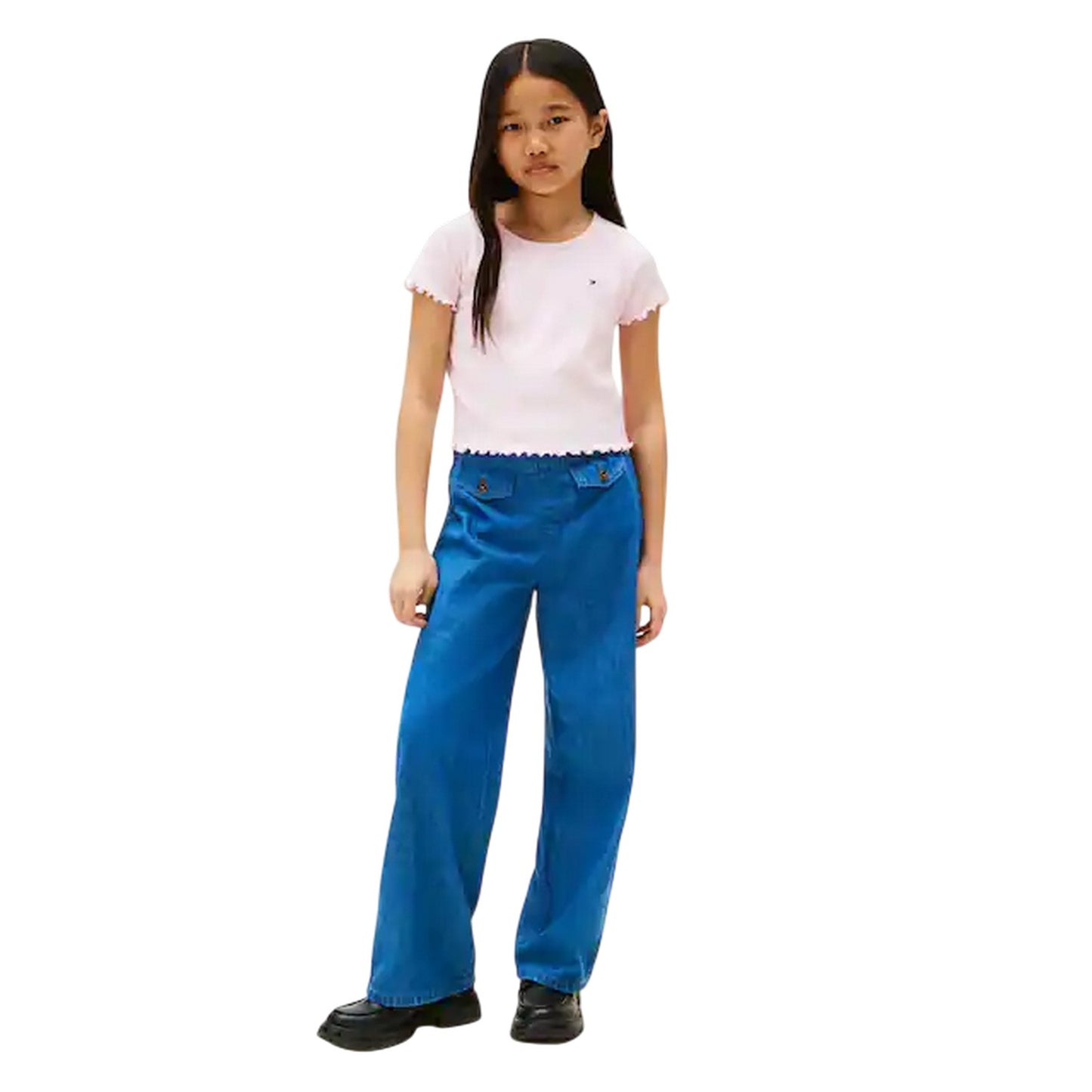 Light Pink - Lifestyle - Tommy Hilfiger Girls Essential Embroidered Logo Ribbed Ruffle Crop Top
