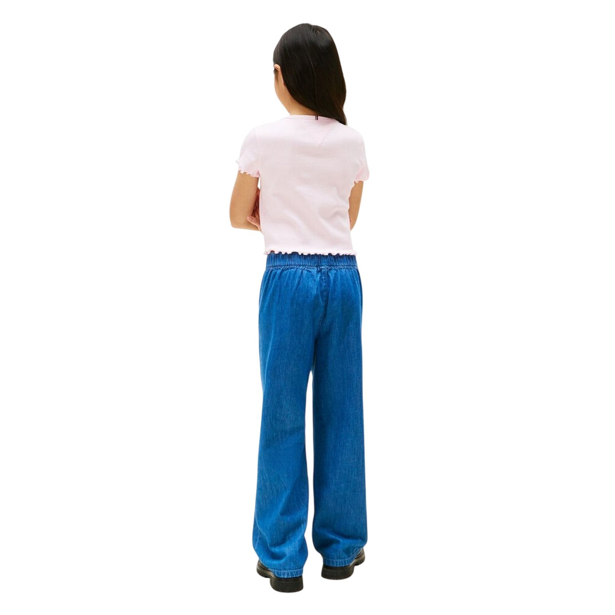 Light Pink - Pack Shot - Tommy Hilfiger Girls Essential Embroidered Logo Ribbed Ruffle Crop Top