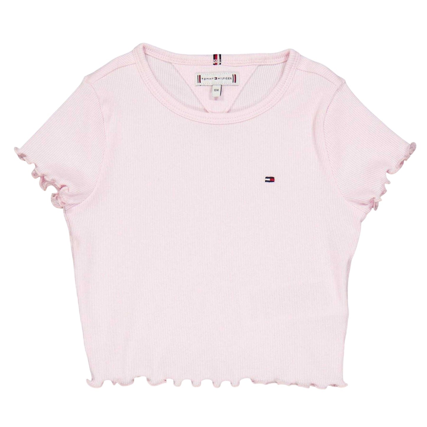 Light Pink - Front - Tommy Hilfiger Girls Essential Embroidered Logo Ribbed Ruffle Crop Top