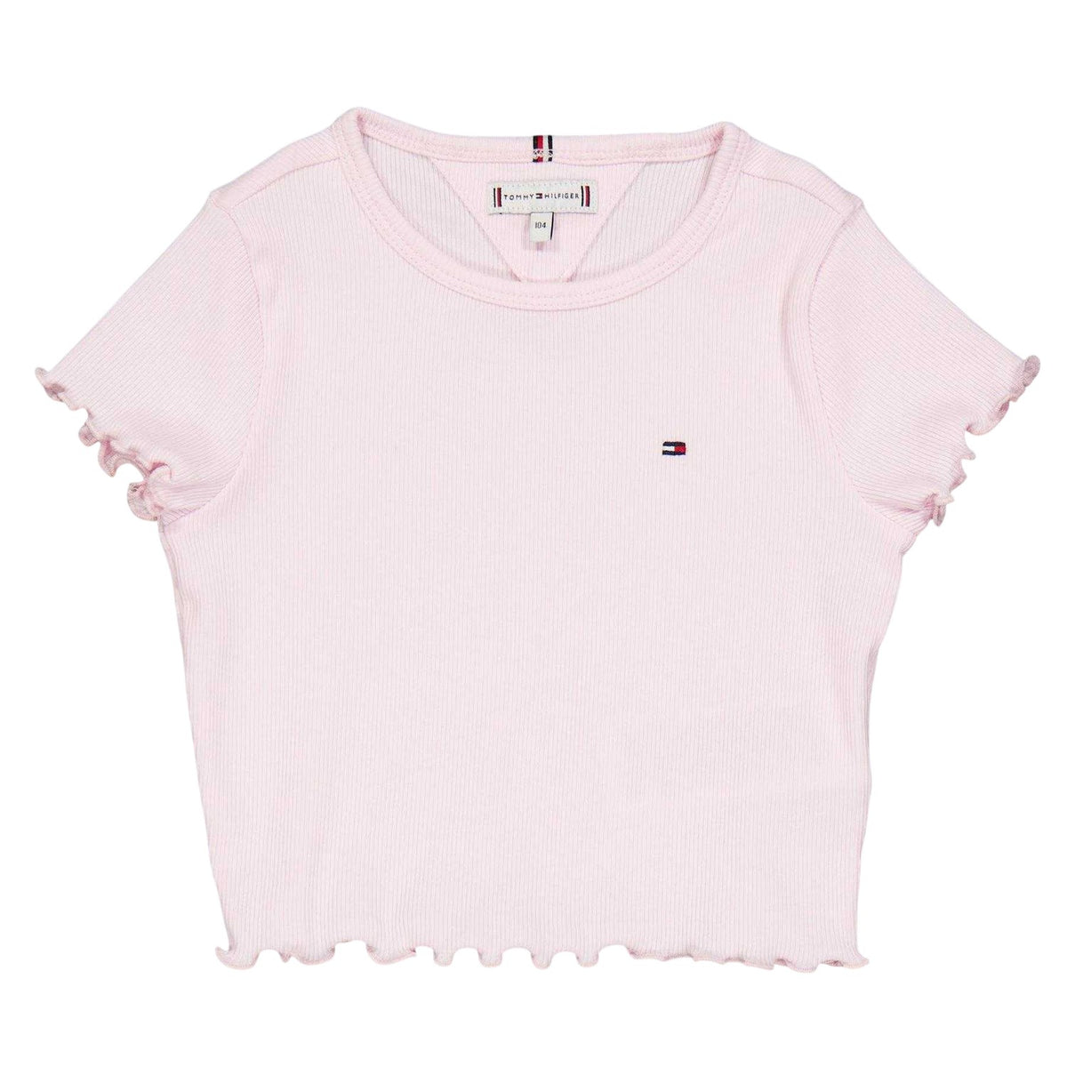 Light Pink - Front - Tommy Hilfiger Girls Essential Embroidered Logo Ribbed Ruffle Crop Top