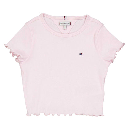 Light Pink - Front - Tommy Hilfiger Girls Essential Embroidered Logo Ribbed Ruffle Crop Top