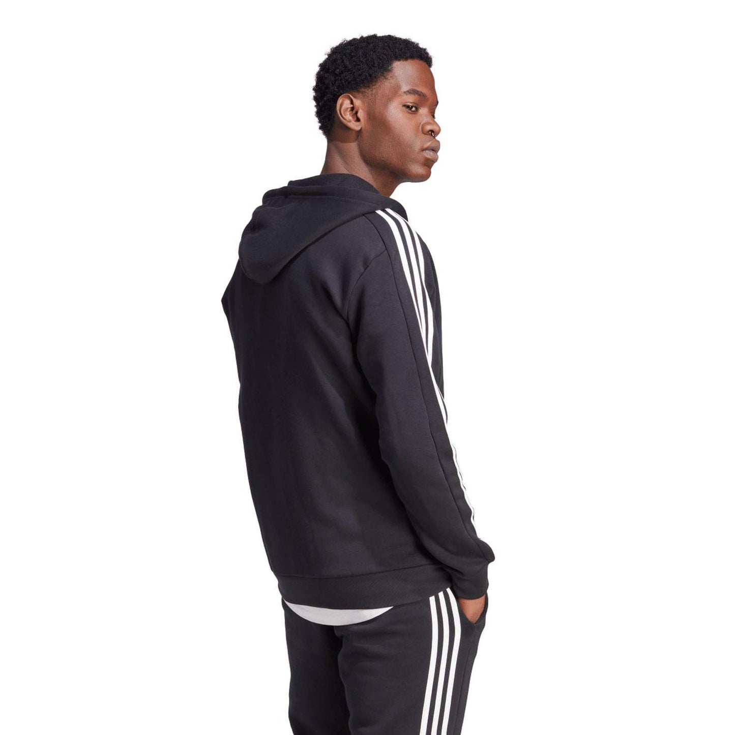 Black - Back - Adidas Mens Essentials 3 Stripes Fleece Full Zip Hoodie