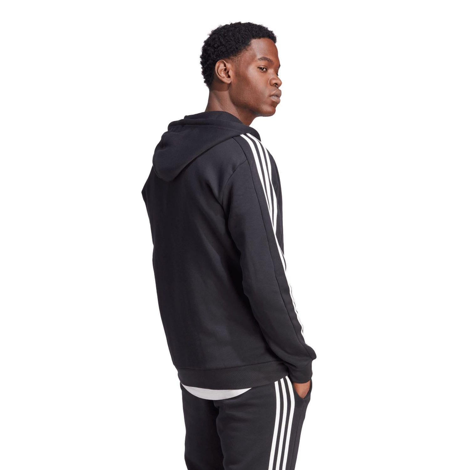 Black - Back - Adidas Mens Essentials 3 Stripes Fleece Full Zip Hoodie