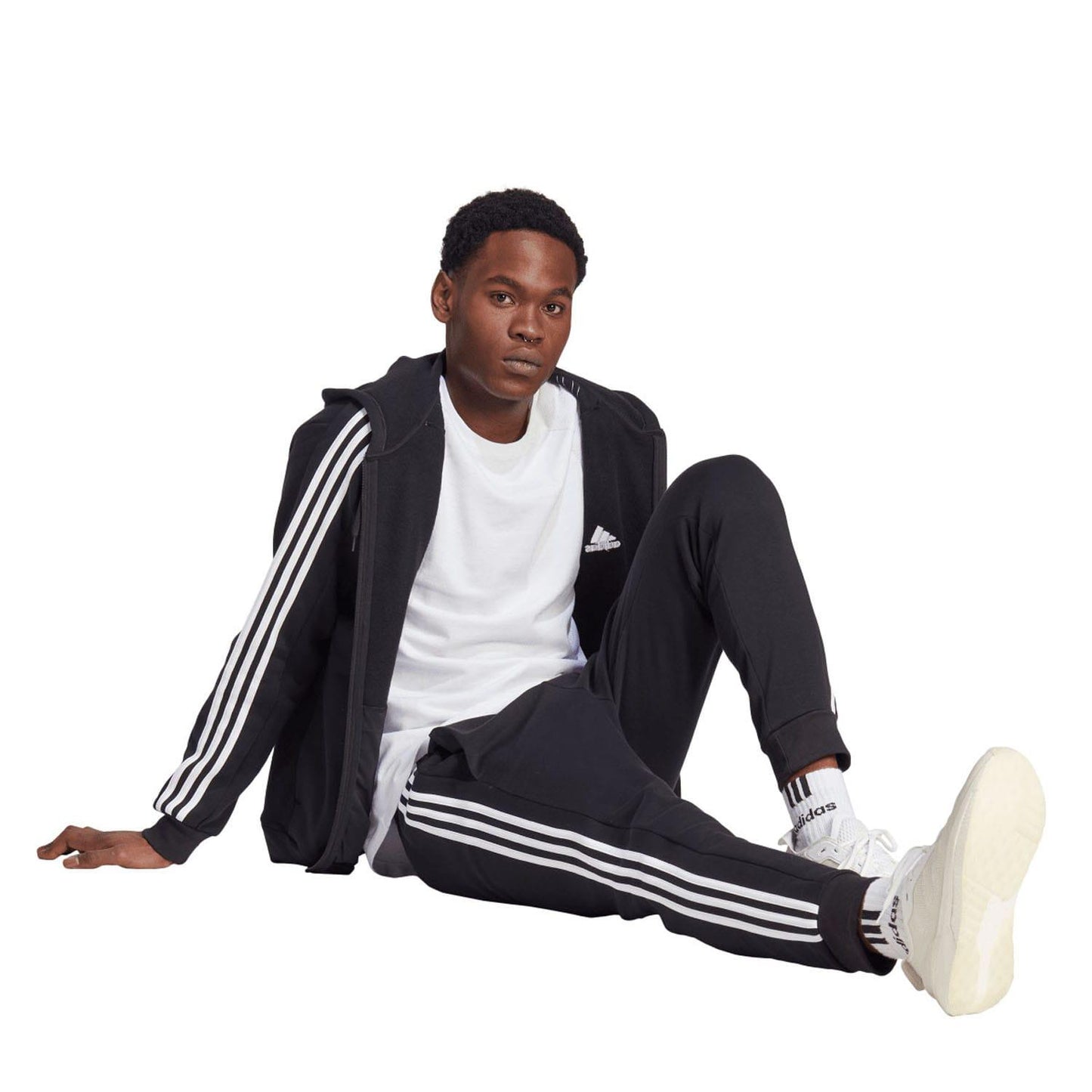 Black - Close up - Adidas Mens Essentials 3 Stripes Fleece Full Zip Hoodie
