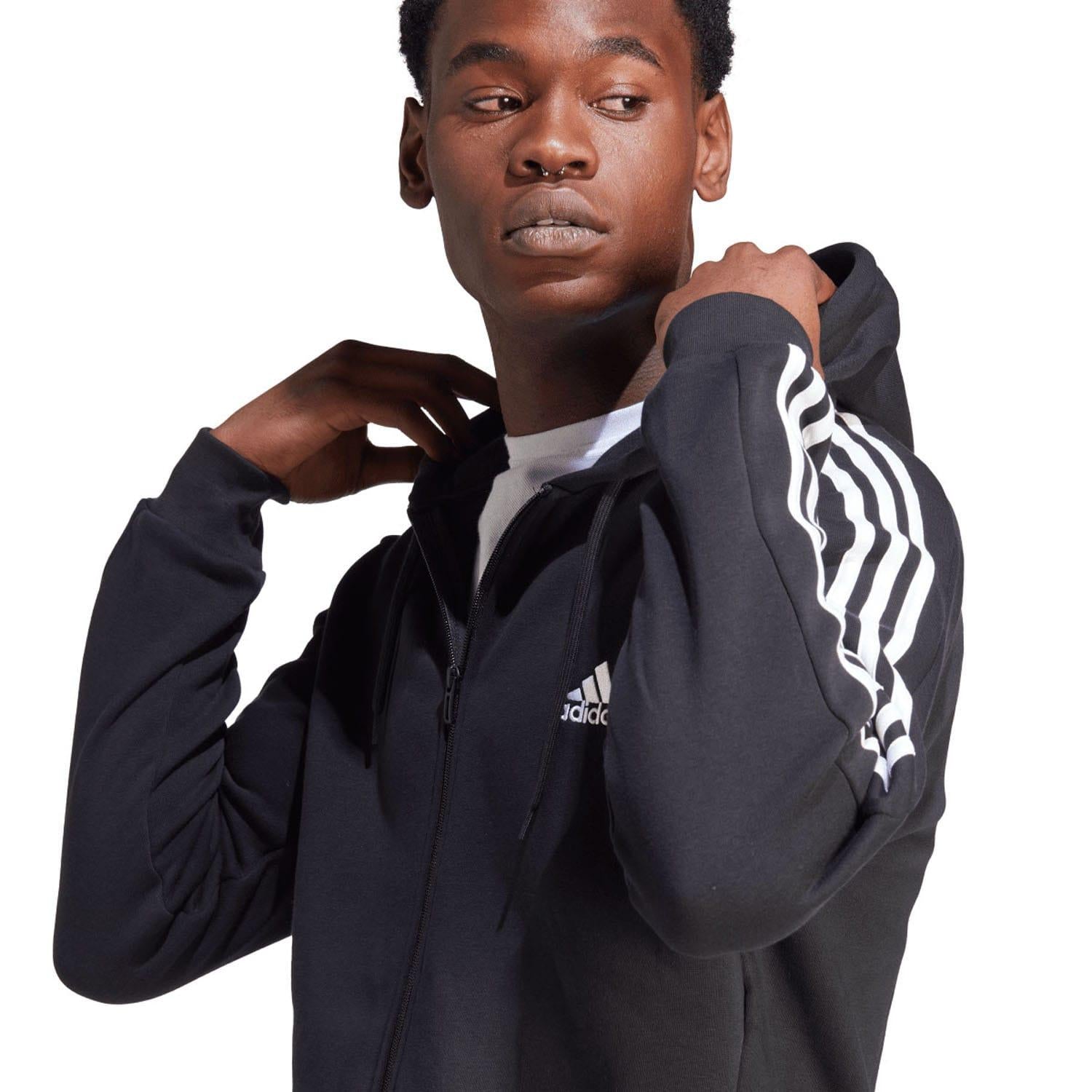 Black - Side - Adidas Mens Essentials 3 Stripes Fleece Full Zip Hoodie