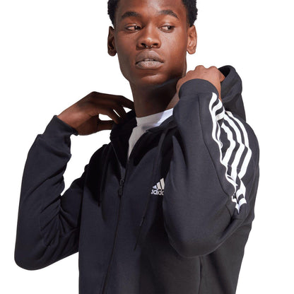 Black - Side - Adidas Mens Essentials 3 Stripes Fleece Full Zip Hoodie