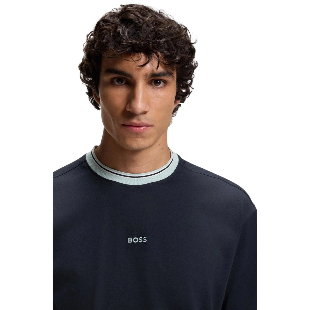 Dark Blue - Side - Boss Mens Stripe Detail Short-Sleeved T-Shirt