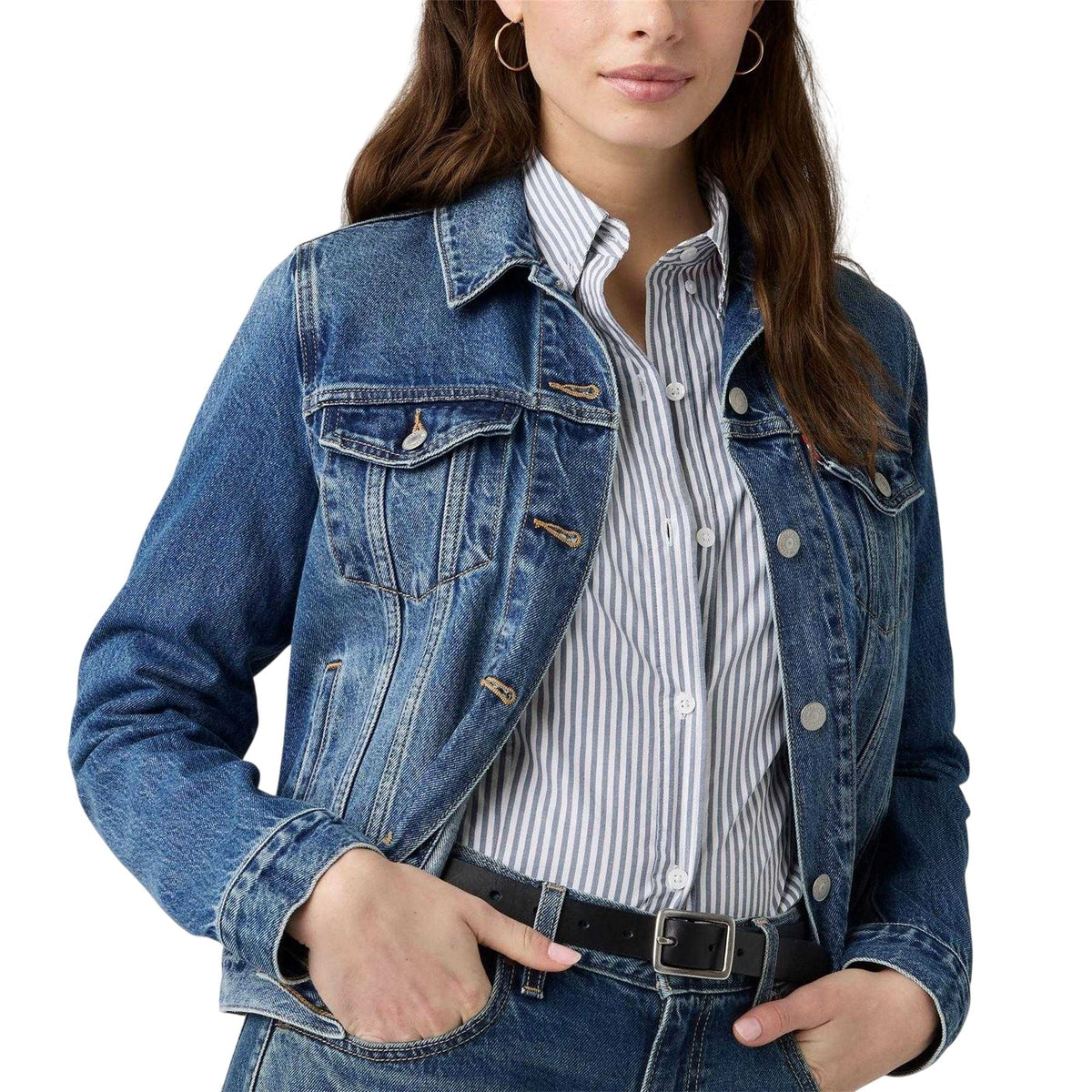 Blue - Side - Levis Womens-Ladies Plain Denim Long-Sleeved Trucker Jacket