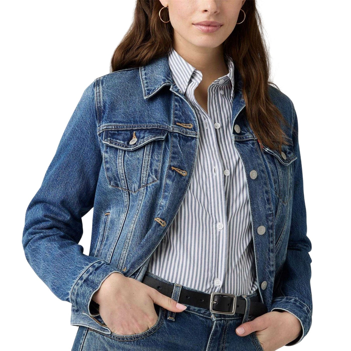 Blue - Side - Levis Womens-Ladies Plain Denim Long-Sleeved Trucker Jacket