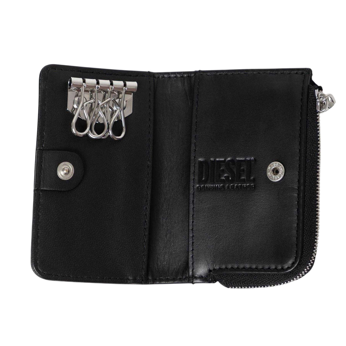 Black - Side - Diesel Wallet Leather Zipped Keyring