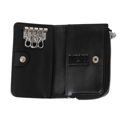Black - Side - Diesel Wallet Leather Zipped Keyring