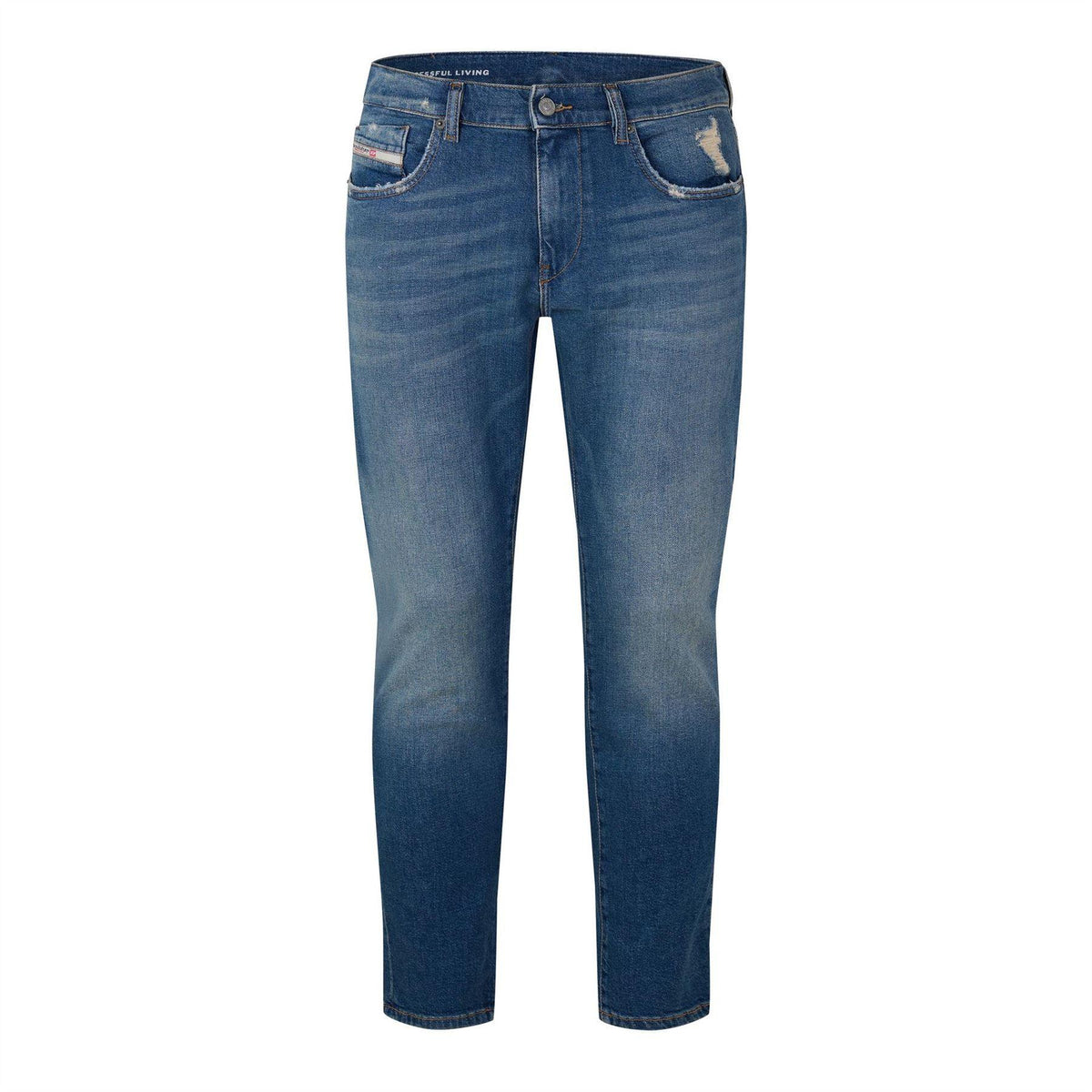 Blue Denim - Front - Diesel Mens 2019 D-Strukt Denim Distressed Slim Jeans