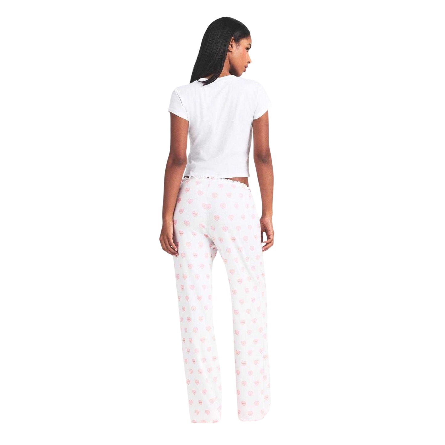 White - Back - Skims Womens-Ladies Pointelle Hearts Straight Leg Pyjama Bottoms
