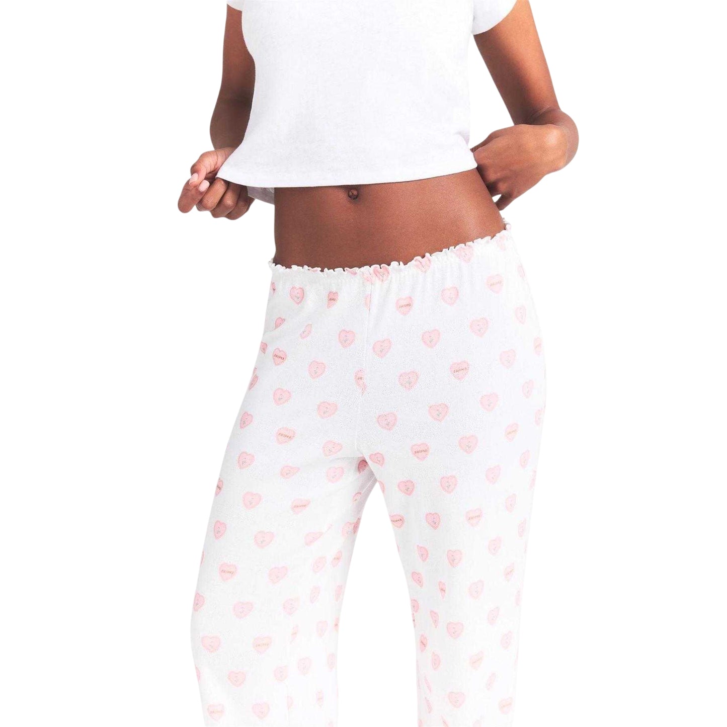 White - Side - Skims Womens-Ladies Pointelle Hearts Straight Leg Pyjama Bottoms