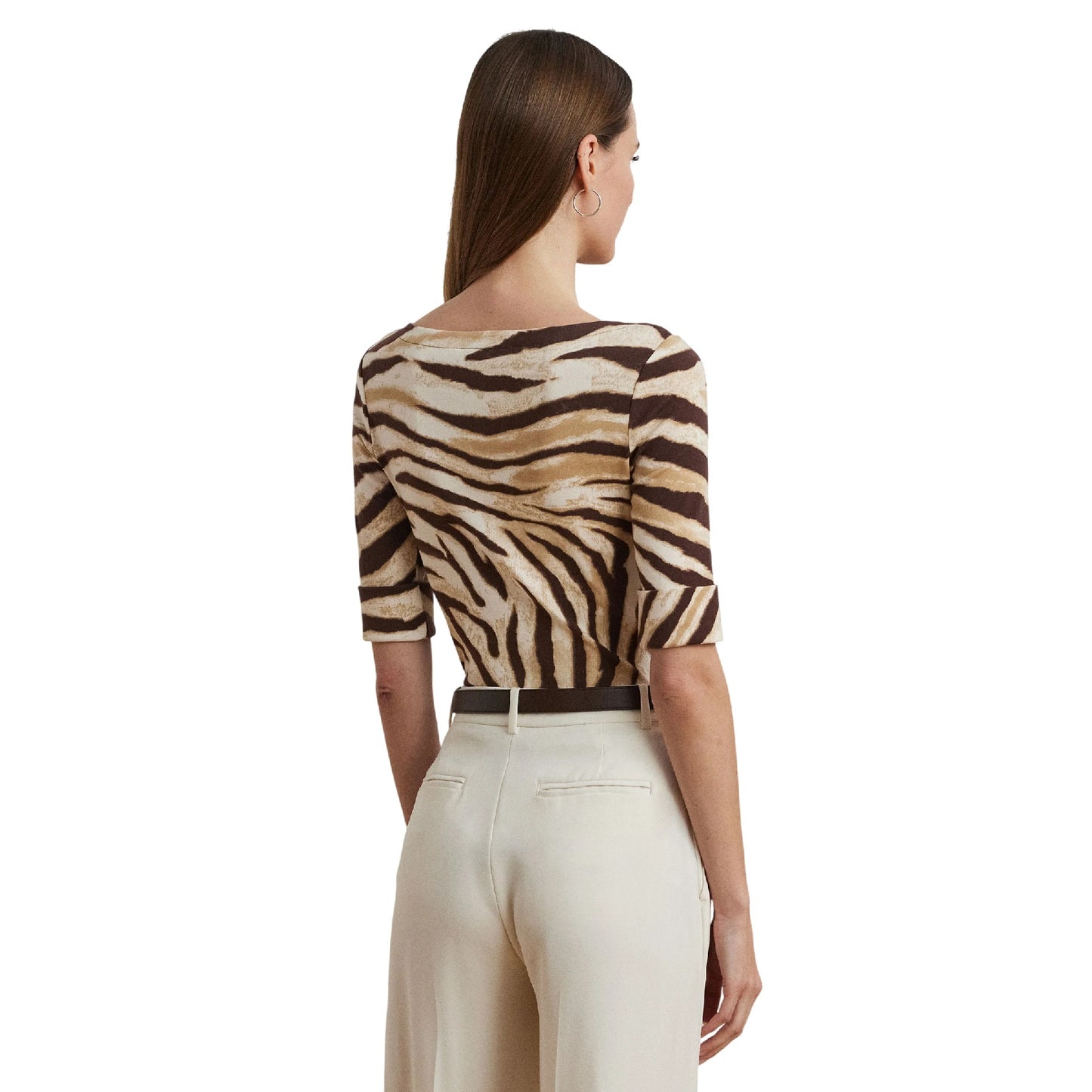 Cream-Brown - Back - Ralph Lauren Womens-Ladies Judy Zebra Print Boat Neck T-Shirt