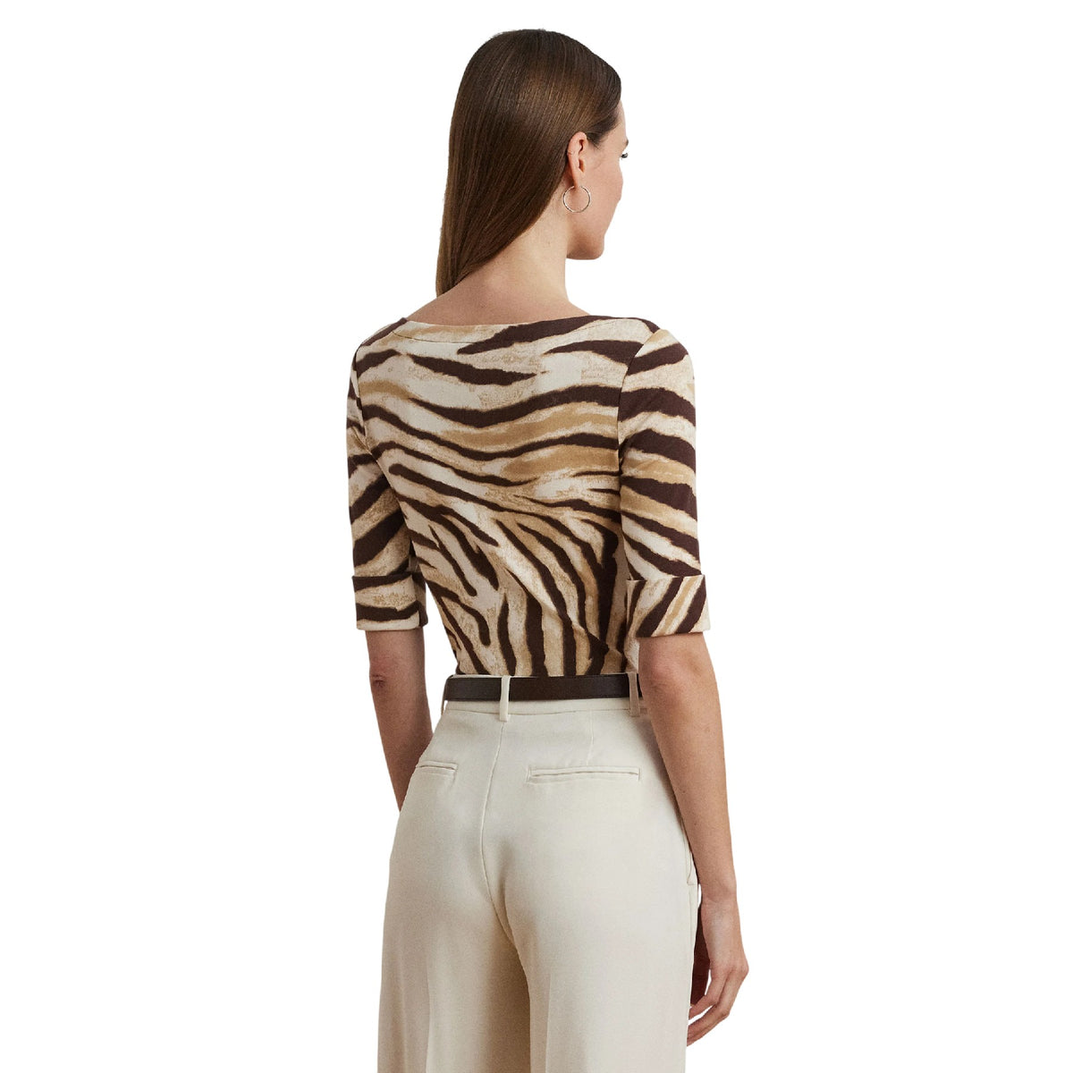 Cream-Brown - Back - Ralph Lauren Womens-Ladies Judy Zebra Print Boat Neck T-Shirt