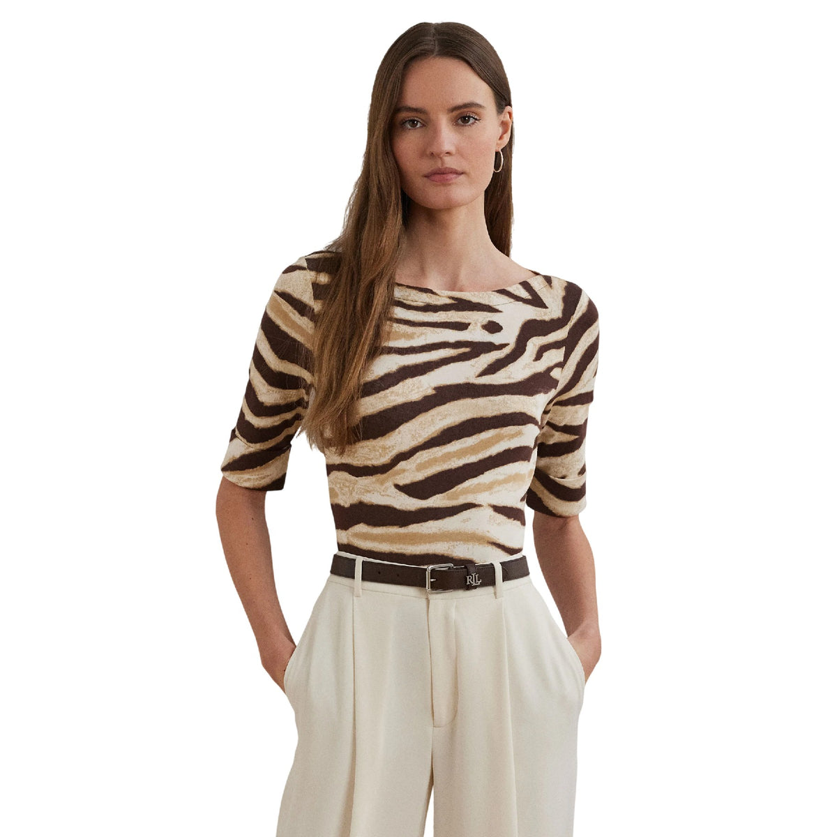 Cream-Brown - Lifestyle - Ralph Lauren Womens-Ladies Judy Zebra Print Boat Neck T-Shirt