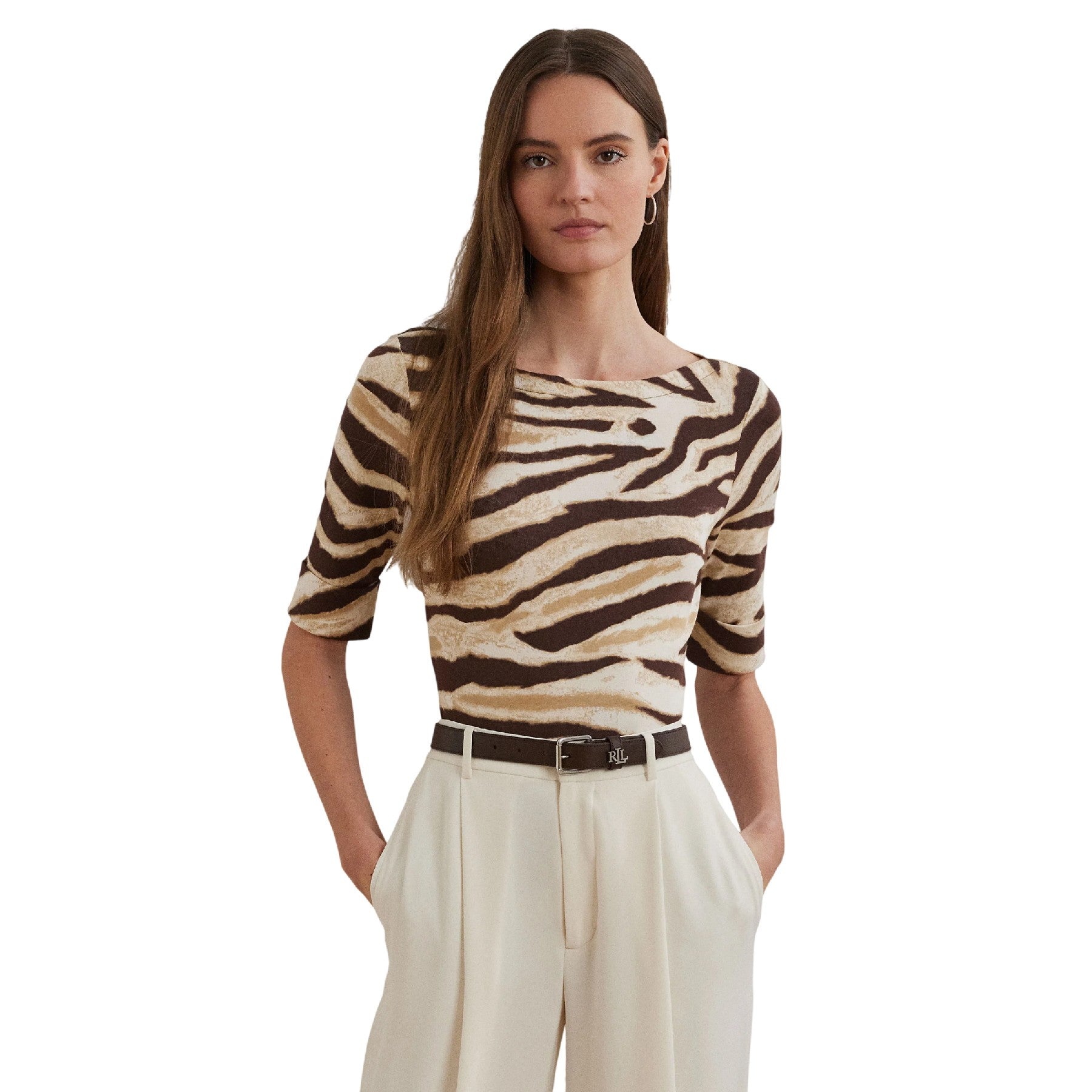 Cream-Brown - Lifestyle - Ralph Lauren Womens-Ladies Judy Zebra Print Boat Neck T-Shirt