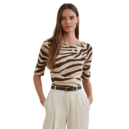 Cream-Brown - Lifestyle - Ralph Lauren Womens-Ladies Judy Zebra Print Boat Neck T-Shirt