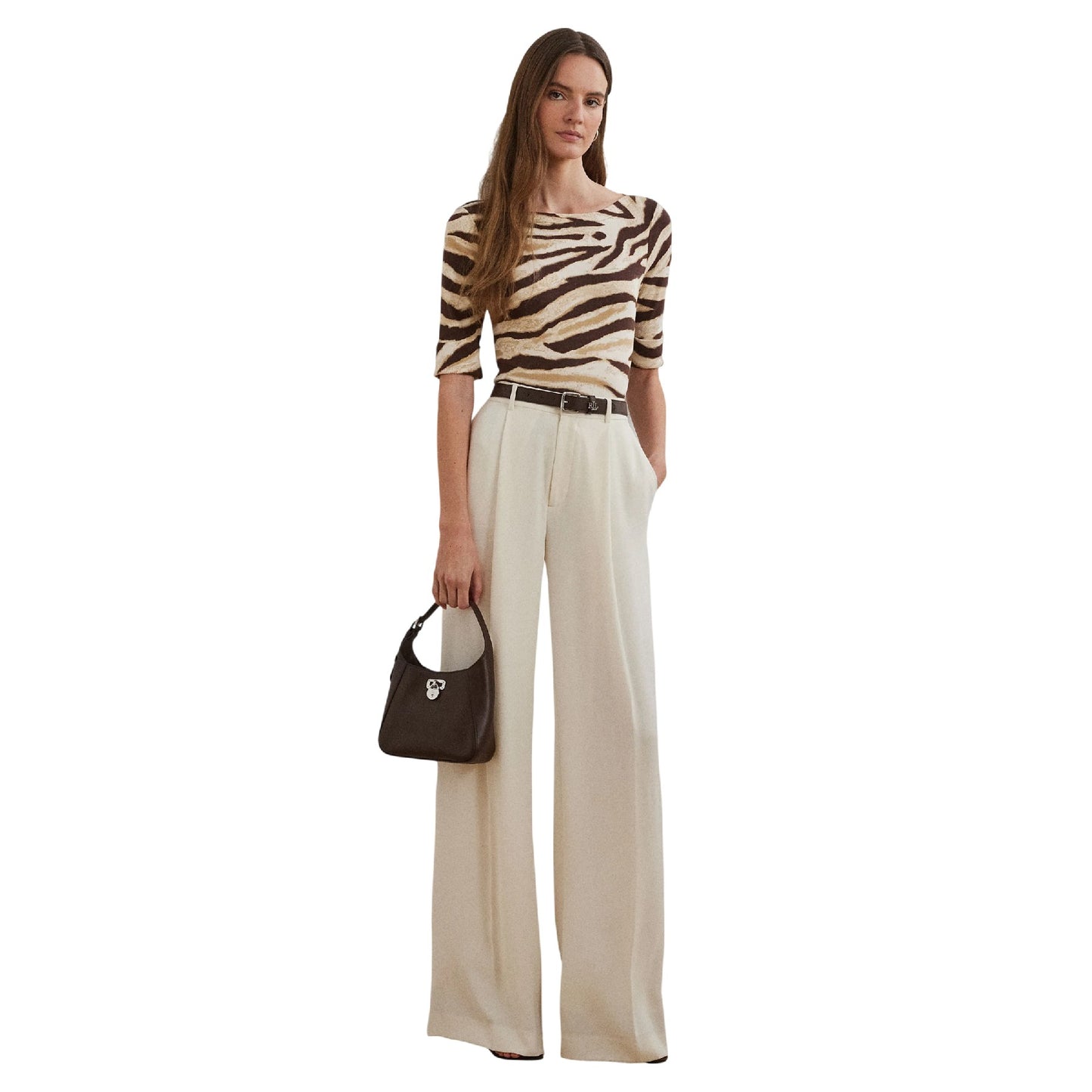 Cream-Brown - Pack Shot - Ralph Lauren Womens-Ladies Judy Zebra Print Boat Neck T-Shirt