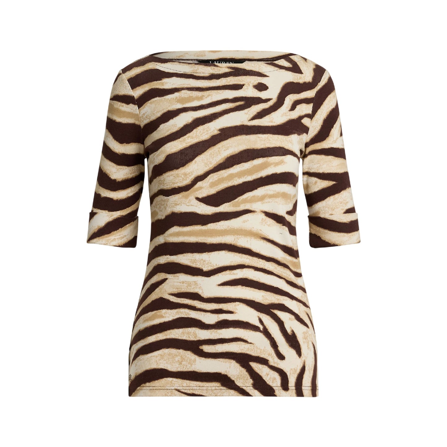 Cream-Brown - Front - Ralph Lauren Womens-Ladies Judy Zebra Print Boat Neck T-Shirt