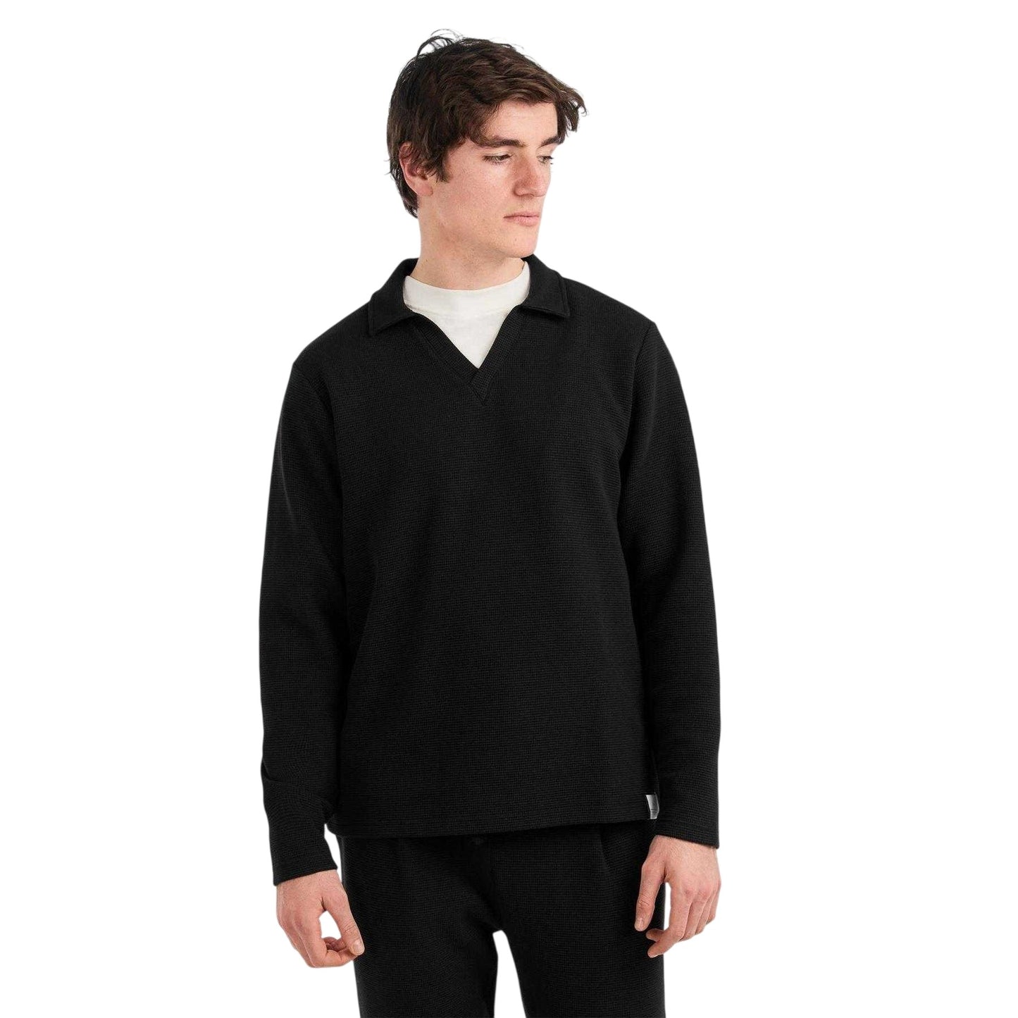 Black - Pack Shot - Prevu Mens Altius Waffle Long-Sleeved Polo Shirt