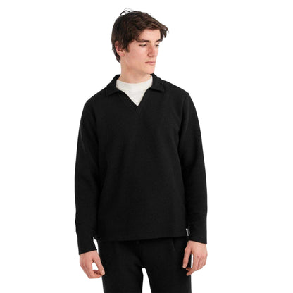 Black - Pack Shot - Prevu Mens Altius Waffle Long-Sleeved Polo Shirt