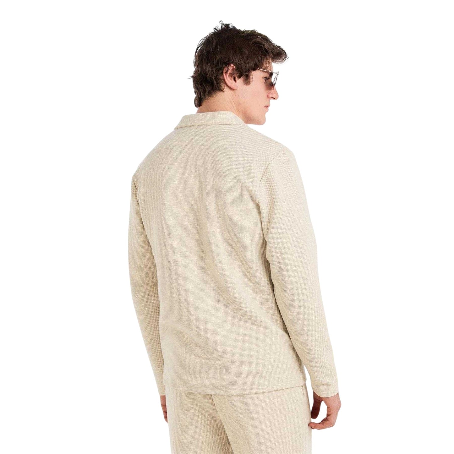 Ecru - Side - Prevu Mens Altius Waffle Long-Sleeved Polo Shirt