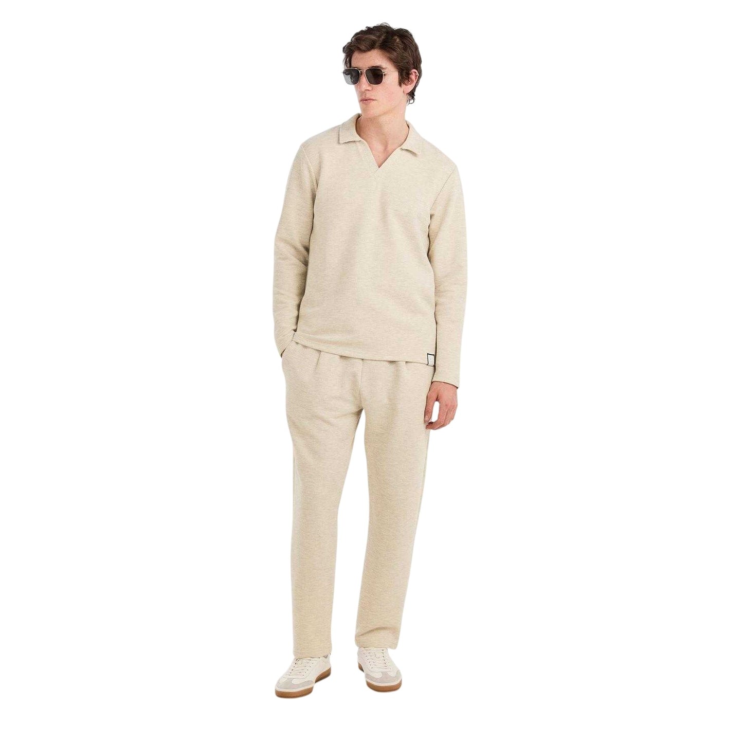 Ecru - Pack Shot - Prevu Mens Altius Waffle Long-Sleeved Polo Shirt