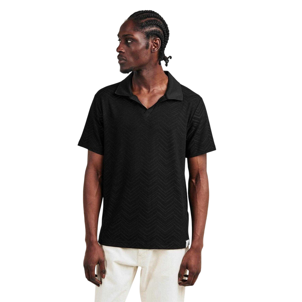 Black - Pack Shot - Prevu Mens Abrey Herringbone Relaxed Fit Polo Shirt