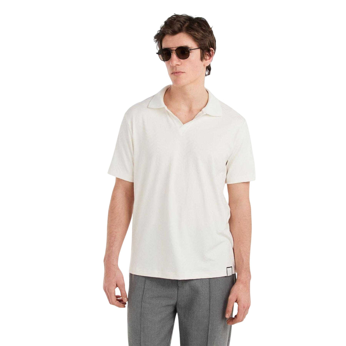 White - Pack Shot - Prevu Mens Abrey Herringbone Relaxed Fit Polo Shirt