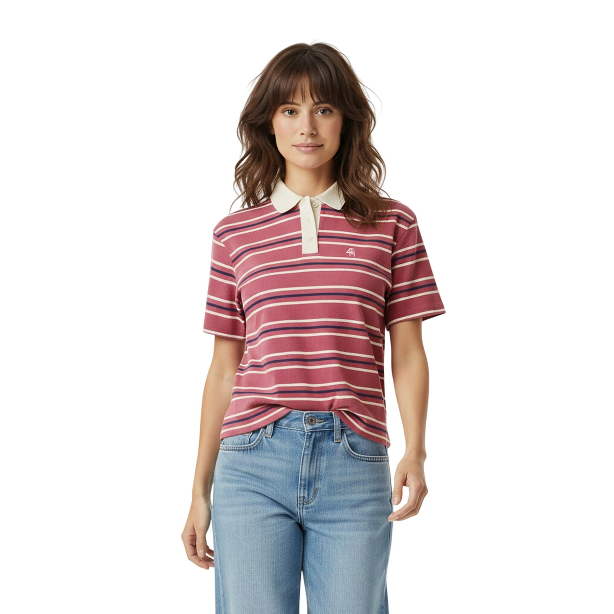 Navy-Cream - Side - 4th & Reckless Womens-Ladies Ralph Rugby Polo Shirt