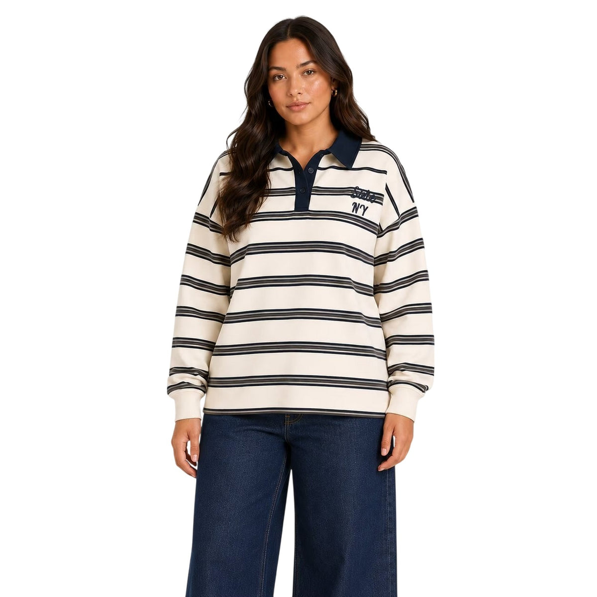 White-Black - Front - I Saw It First Womens-Ladies Stripes Long-Sleeved Polo Shirt