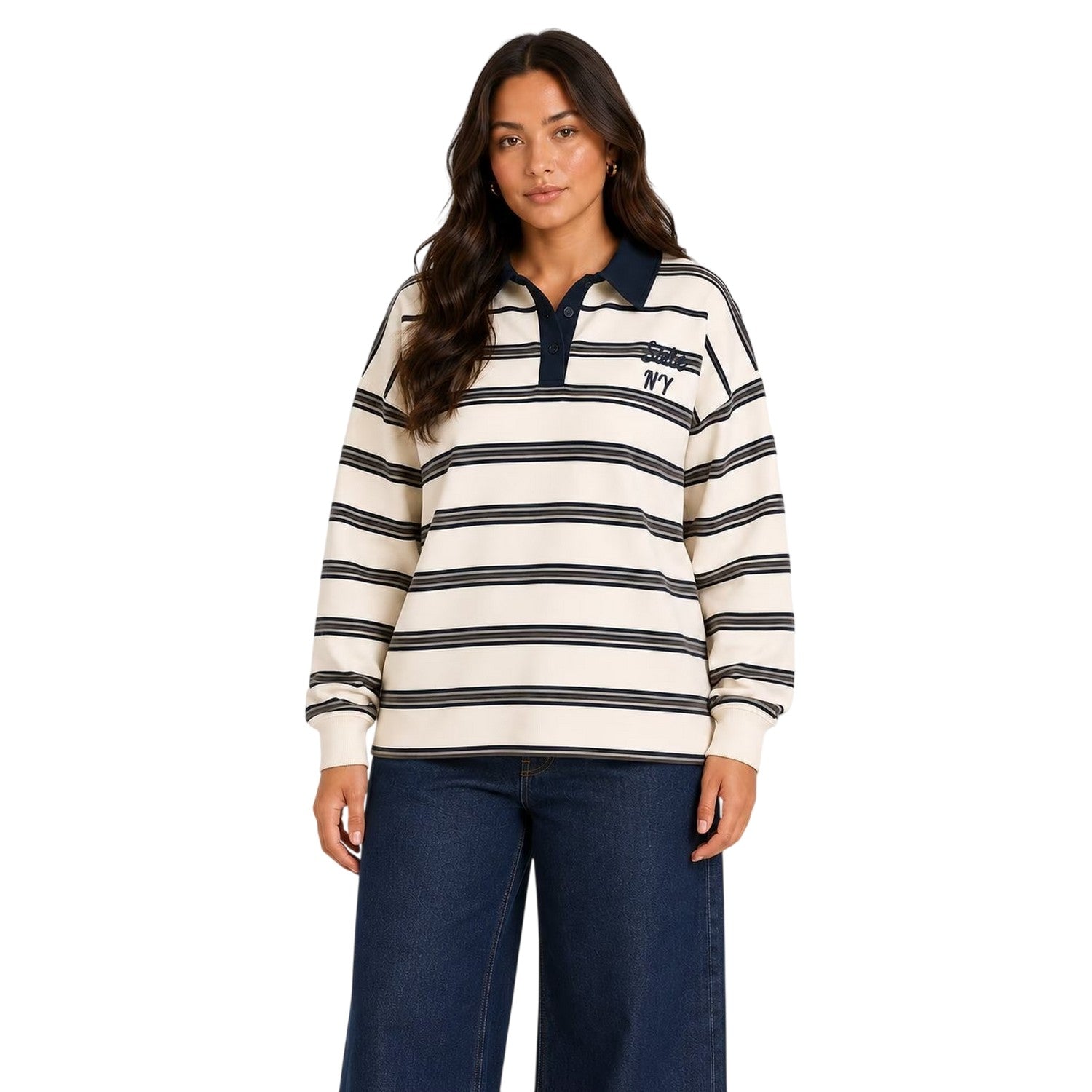 White-Black - Front - I Saw It First Womens-Ladies Stripes Long-Sleeved Polo Shirt