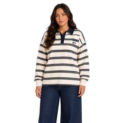 White-Black - Front - I Saw It First Womens-Ladies Stripes Long-Sleeved Polo Shirt