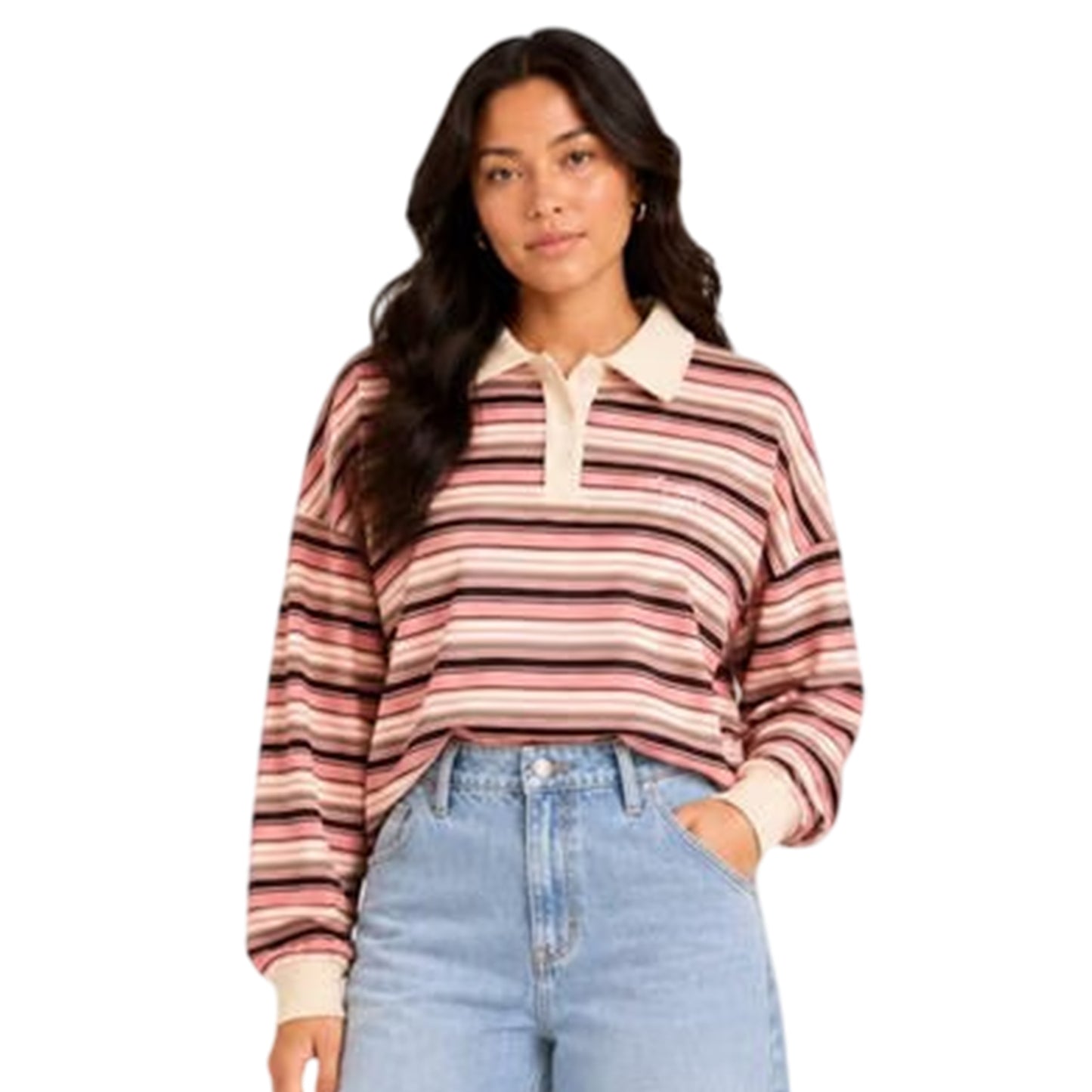 Red-White - Front - I Saw It First Womens-Ladies Stripes Long-Sleeved Polo Shirt