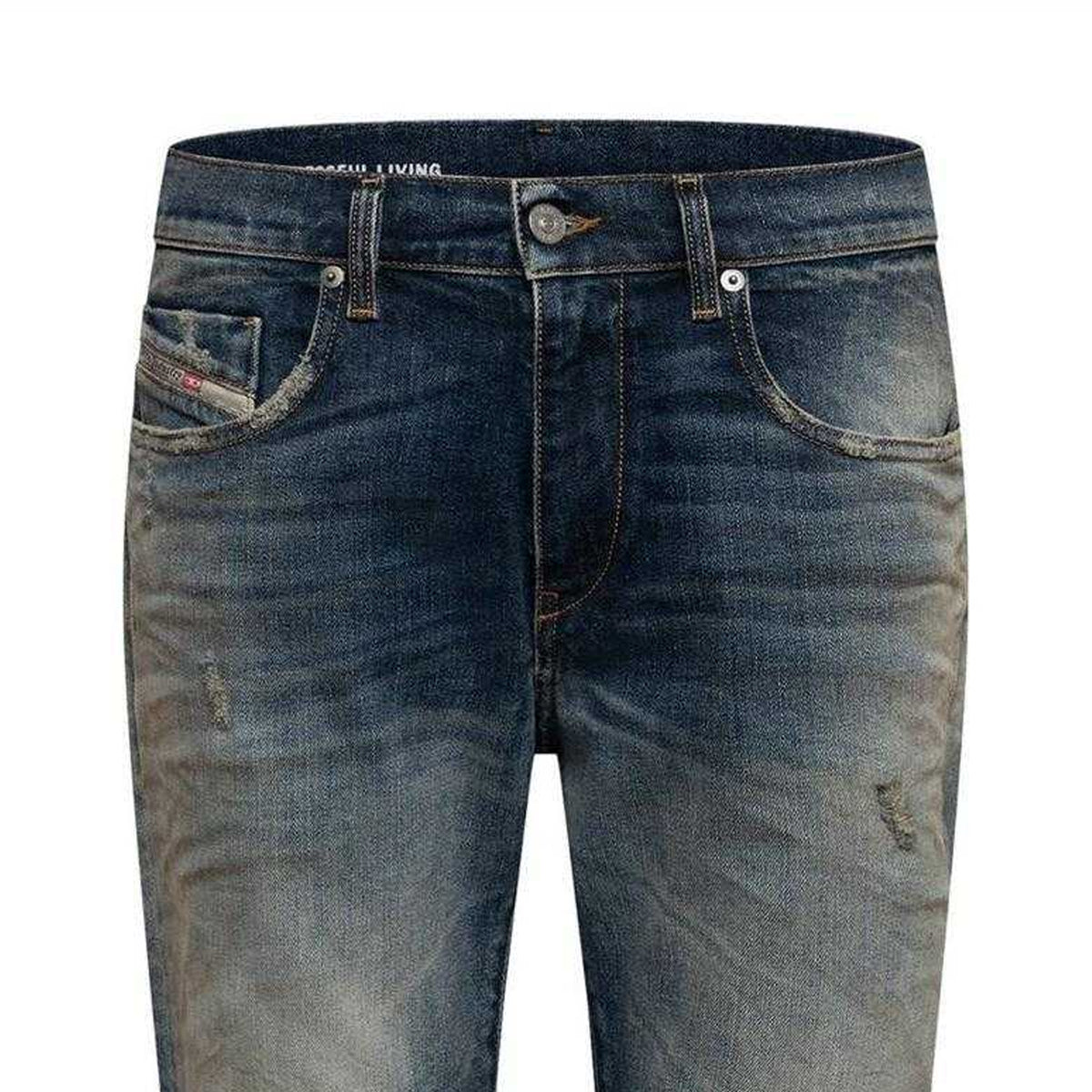 Blue Denim - Side - Diesel Mens 2019 D-Strukt Denim Distressed Slim Jeans