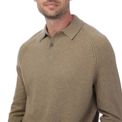 Tan - Side - Ted Baker Mens Karolt Cable Cashmere Textured Polo Shirt