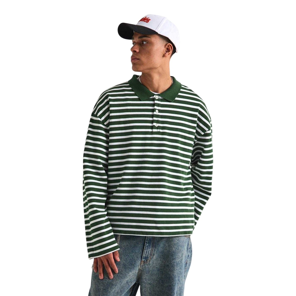 Forest-White - Pack Shot - Summit Mens Striped Long-Sleeved Polo Shirt