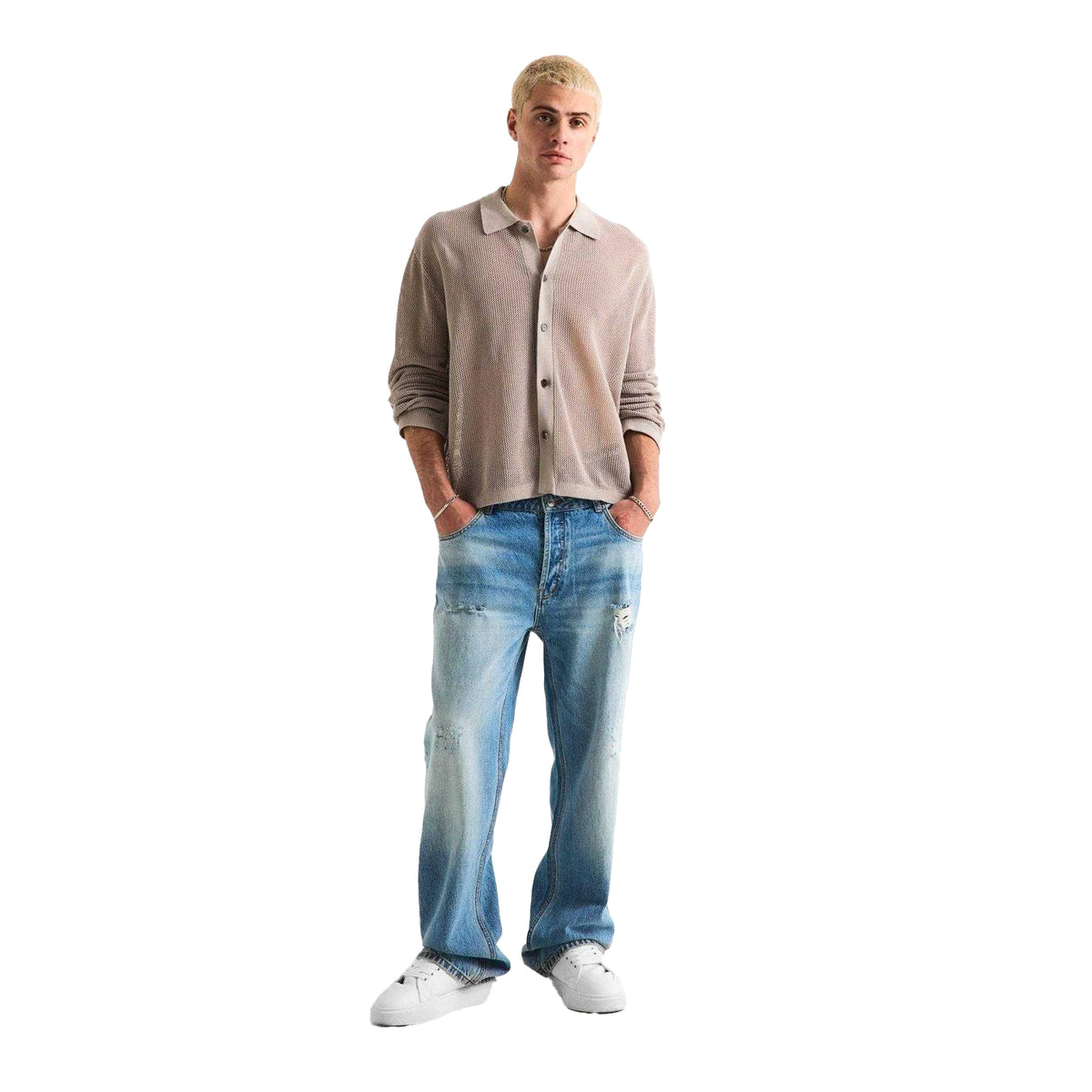 Taupe - Pack Shot - MKI MIYUKI ZOKU Mens Knitted Long-Sleeved Shirt