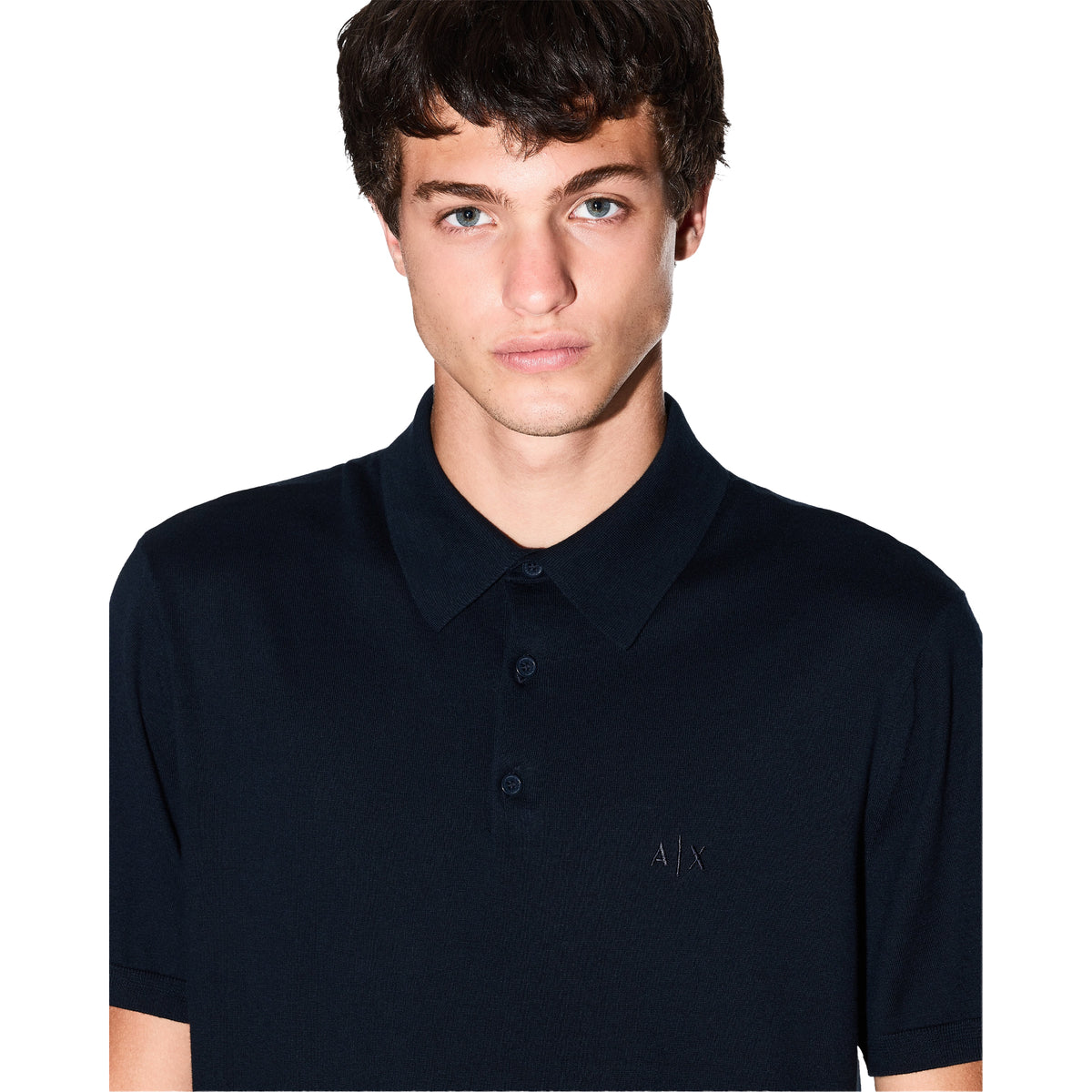 Navy - Close up - Armani Exchange Mens Knitted Polo Shirt