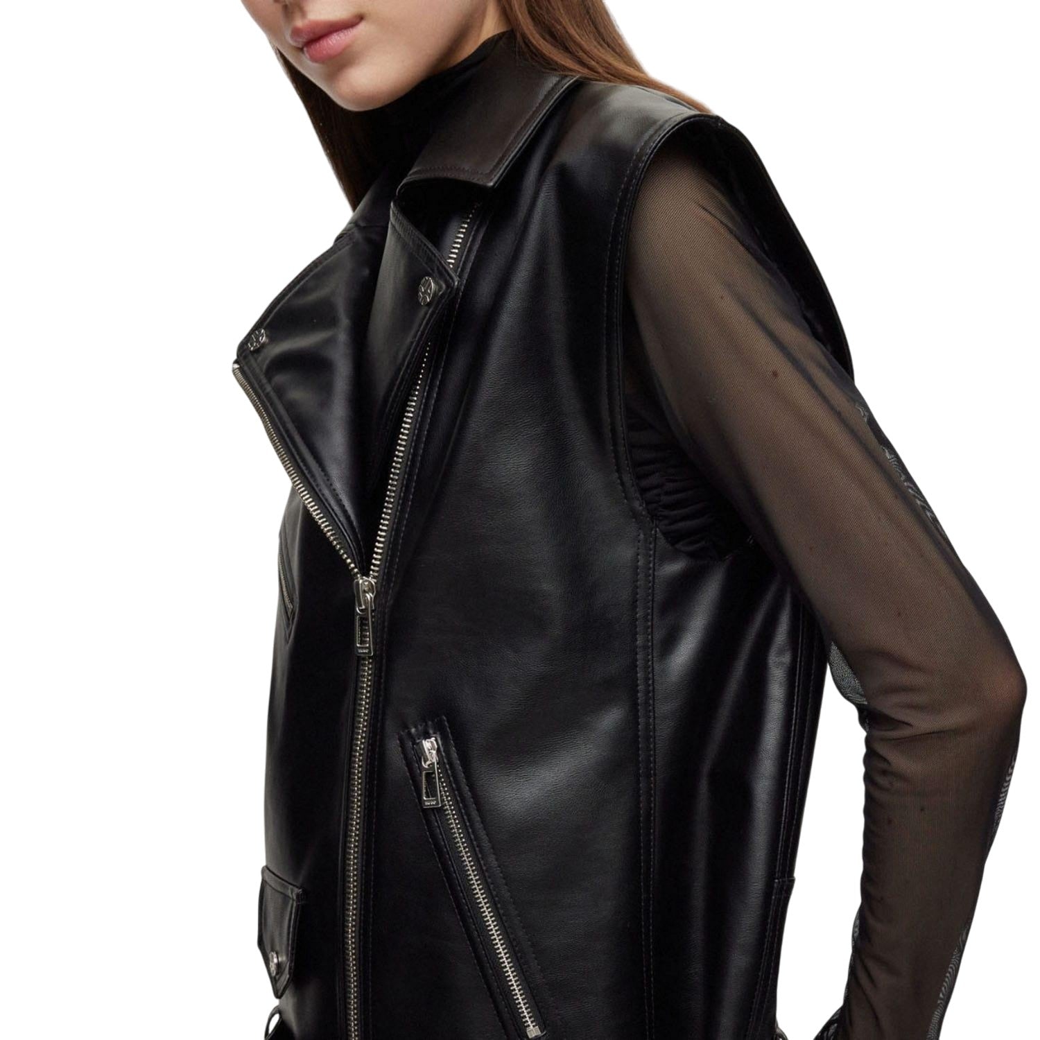 Black - Side - Hugo Womens-Ladies Arebura-1 Faux Leather Sleeveless Jacket