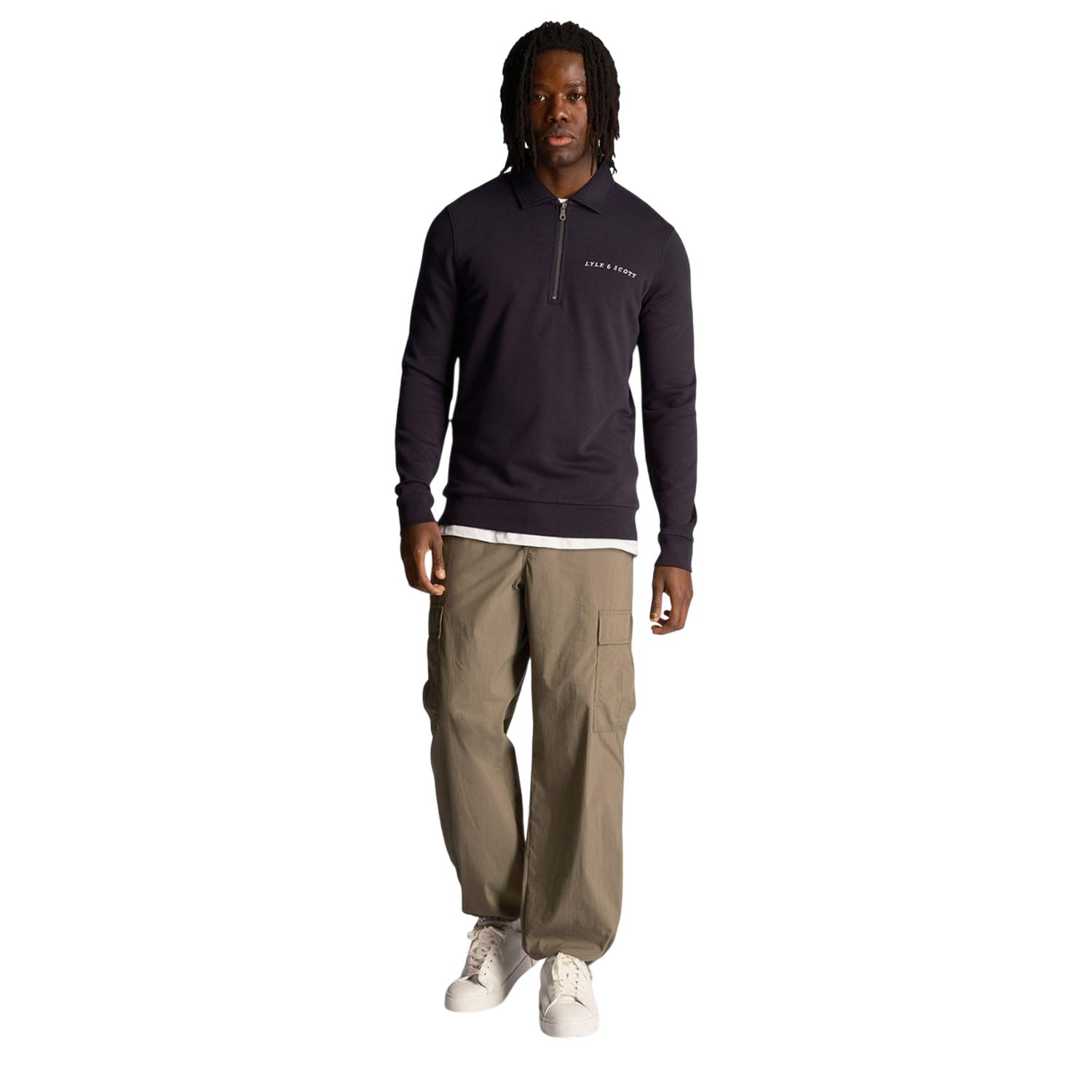 Navy - Pack Shot - Lyle & Scott Mens Embroidered Loopback Collared Sweatshirt