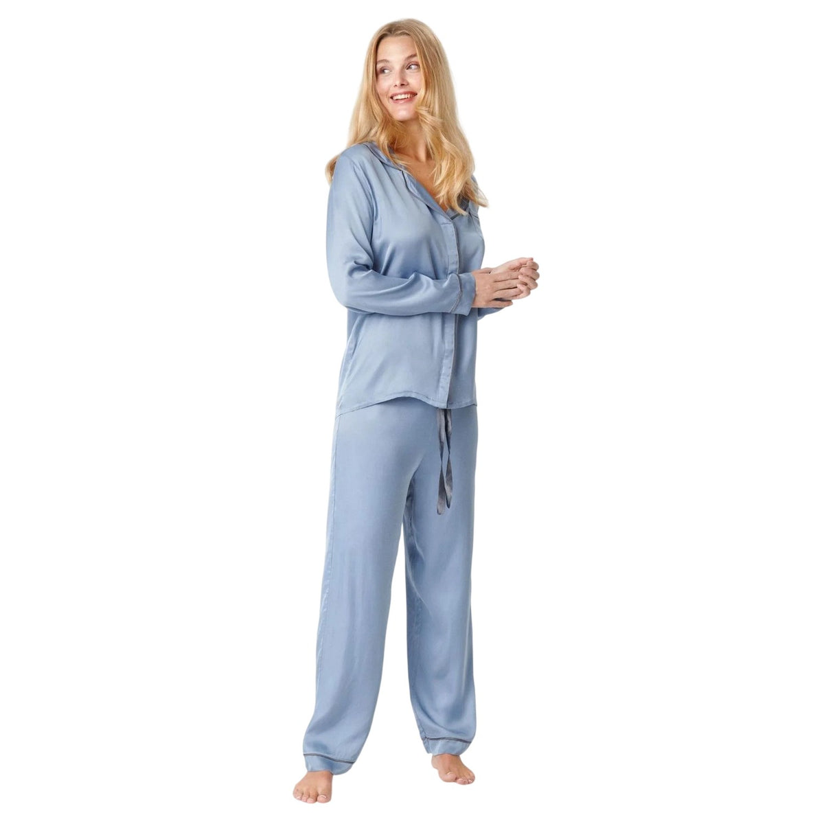 Light Blue - Close up - CCDK Copenhagen Womens-Ladies Joseph Contrast Piping Long-Sleeved Pyjama Top