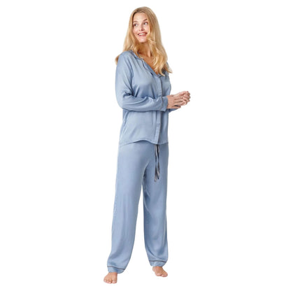 Light Blue - Close up - CCDK Copenhagen Womens-Ladies Joseph Contrast Piping Long-Sleeved Pyjama Top