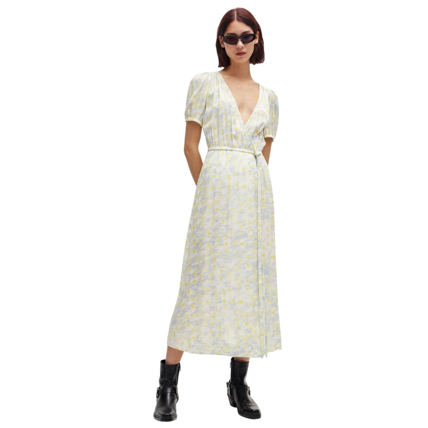 White-Yellow - Pack Shot - Hugo Womens-Ladies Kikoni-1 Wrap Front Dress