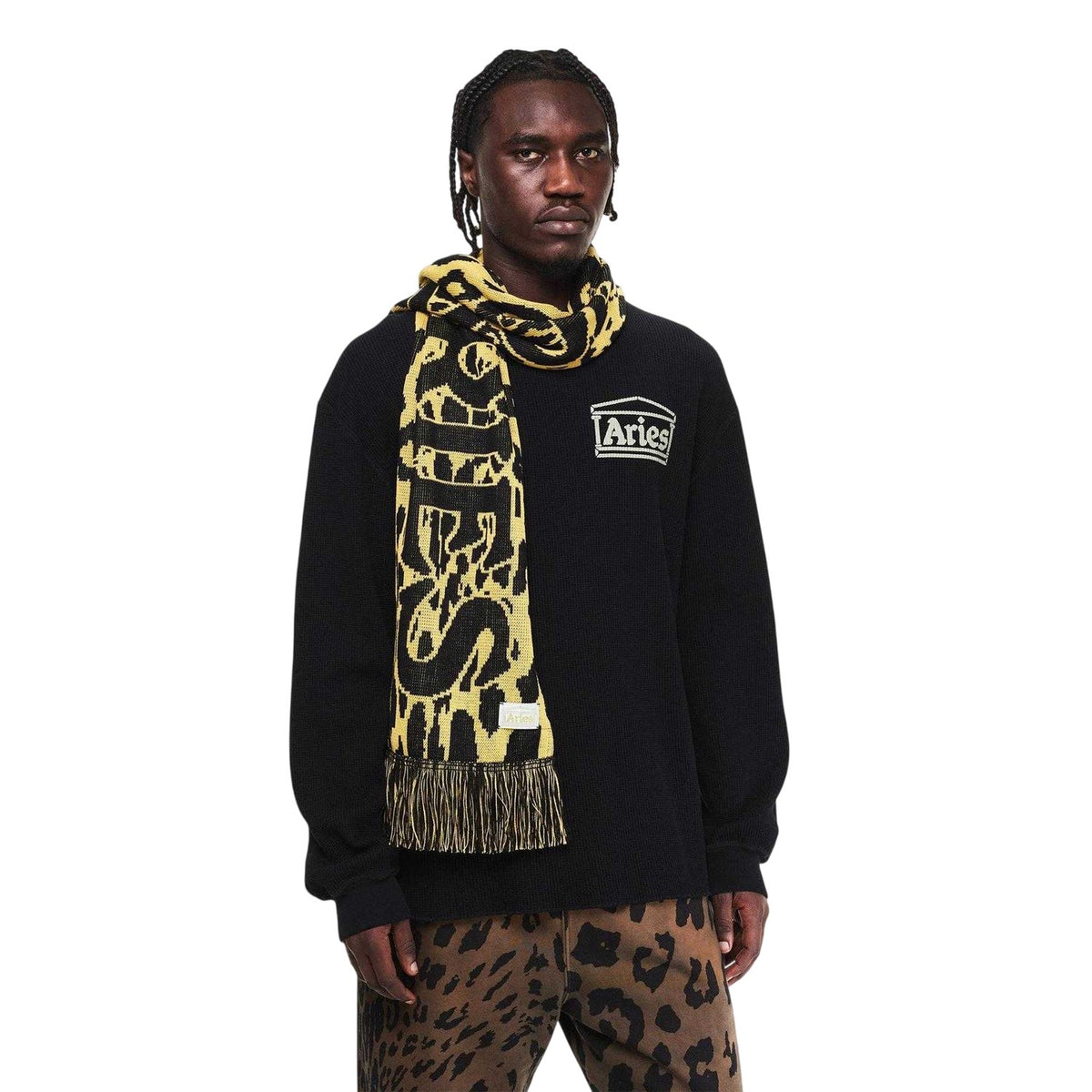 Beige - Side - Aries Mens Leopard Print Scarf