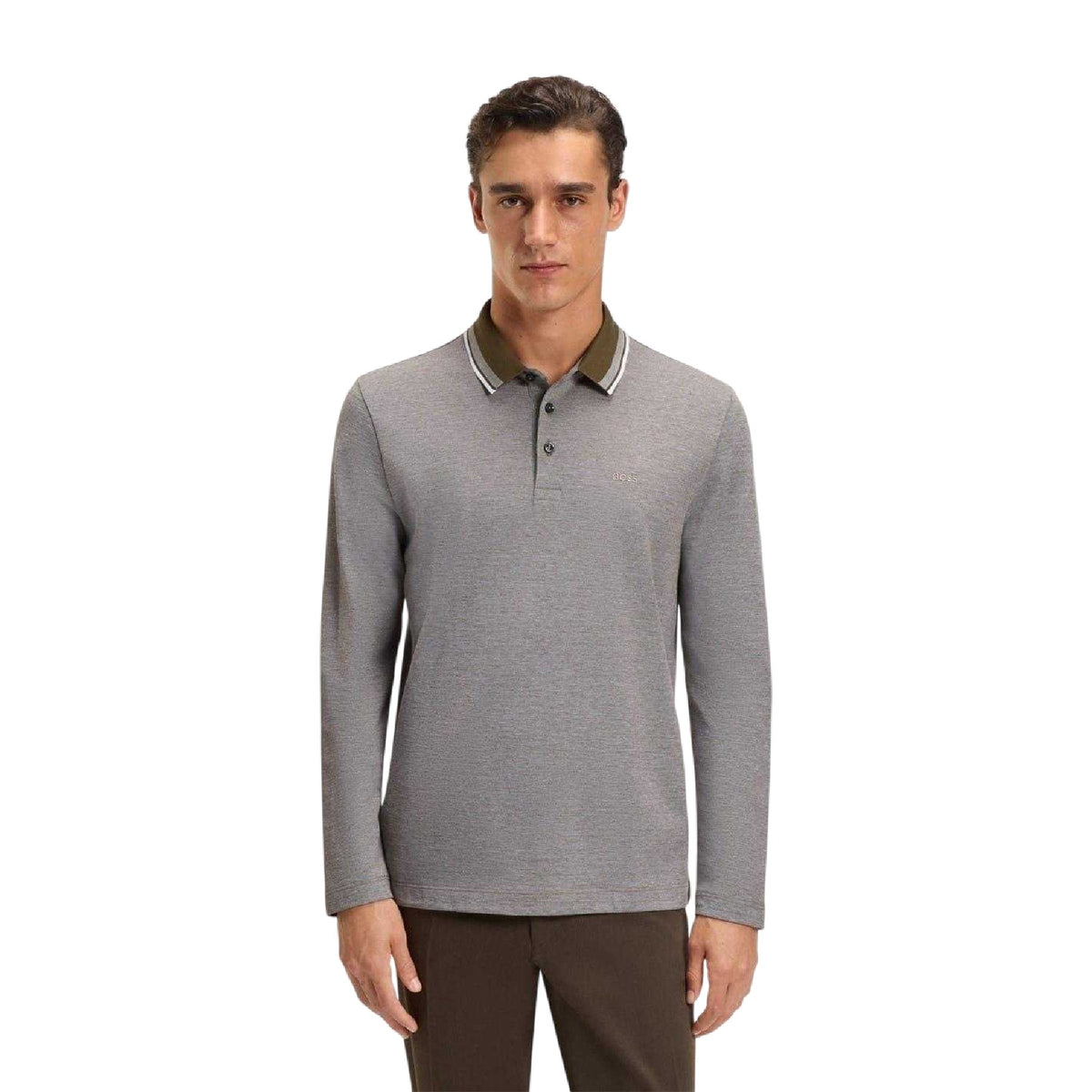 Grey-Olive Green - Side - Boss Mens Straight Long-Sleeved Polo Shirt